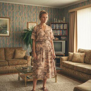 Vintage 80s Anya Blouse and Skirt Set Safari Pink Large